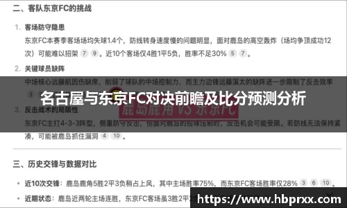 名古屋与东京FC对决前瞻及比分预测分析